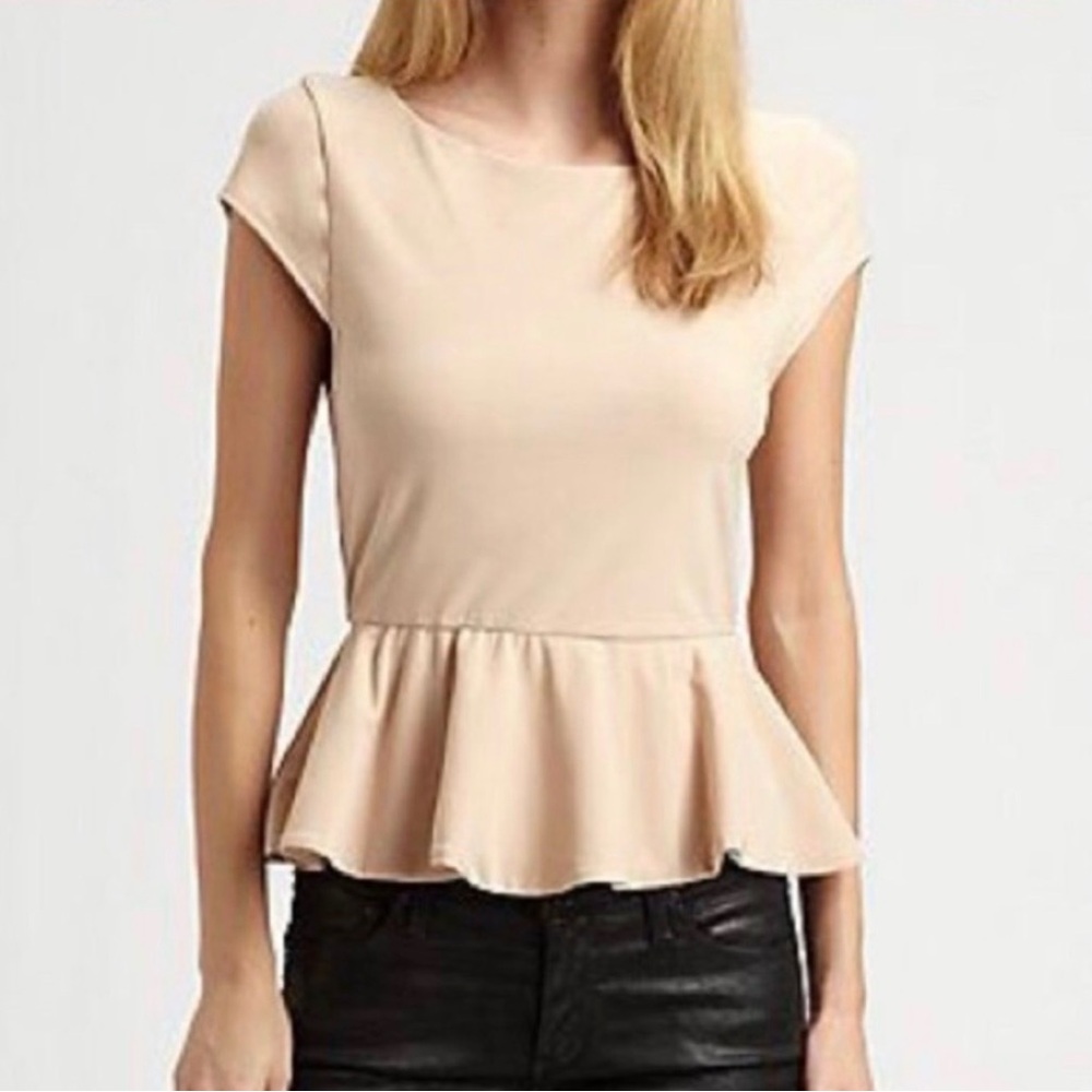 Alice + Olivia Beige Peplum Cap-Sleeve Blouse